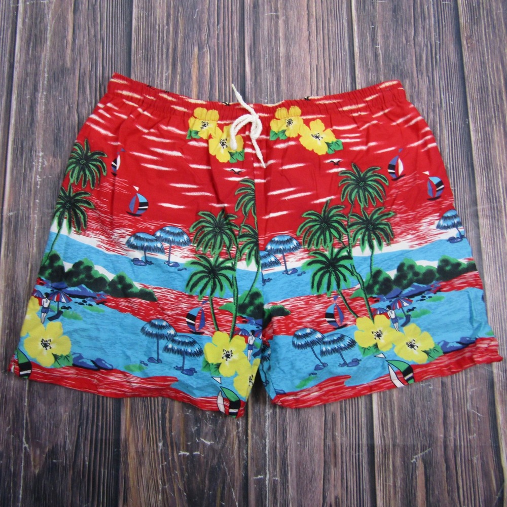 Tropical Swim Trunks Mens XL Red Blue Palm Tree Island Board Shorts